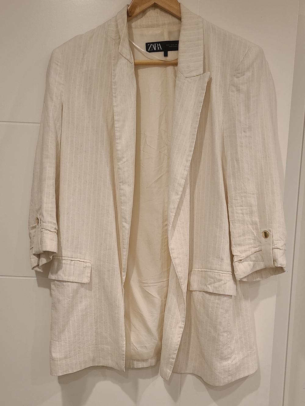 Zara Off-White Pinstripe Linen-Blend Open Blazer